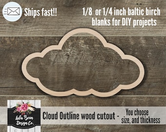 Wood Cloud Outline Shape, Unfinished Wood Laser Cut Shape, DIY Craft Supply, Many Size Options, Blank Wood Shapes