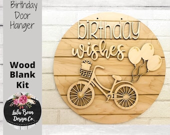 Happy Birthday Wishes Bicycle Balloons Round Sign Cutout Shapes, Door Hanger Unfinished Wood Laser Cut, DIY, Many Size Options, Blank