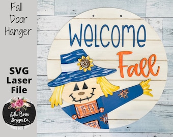 Welcome Fall Scarecrow Round Digital Cut File Laser Wood Cutting SVG door hanger template