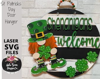 St Patricks Day Shenanigans Welcome Gnome Door Hanger SVG Spring Sign Digital Cut File Laser Wood Round cutting template
