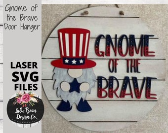 Patriotic July 4th Gnome of the Brave Door Hanger Sign Digital Cut File Laser Wood Round cutting SVG template