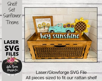 Sunflower Summer Truck Flower Market Decor Shelf Sitter Set SVG Wood Glowforge Digital Cut File Laser Wood Cutting Interchangeable