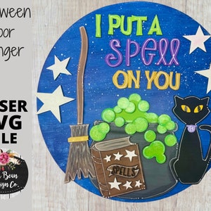 Halloween I Put a Spell on You Witch Cauldron Cat Round Door Hanger SVG laser file Digital Cut File Wood Cutting template