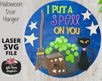 Halloween I Put a Spell on You Witch Cauldron Cat Round Door Hanger SVG laser file Digital Cut File Wood Cutting template