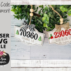 Postcode ornament gepersonaliseerde familie stad stad kerst SVG laserbestand hout digitaal snijden Glowforge