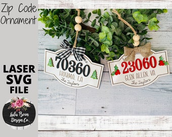Zip Code Ornament Personalized Family Town City Christmas SVG laser file Wood Digital Cutting Glowforge