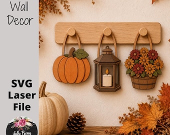 Interchangeable Fall Pumpkin Lantern Mums Decor Wall Peg Hanging Set of 3 Pieces SVG File  Digital Cut Laser Wood Glowforge template