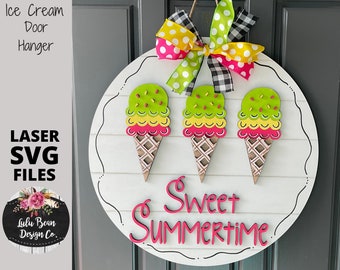 Ice Cream Cone Sweet Summer Summertime SVG File Door Hanger Template Sign Digital Cut File Laser Wood cutting