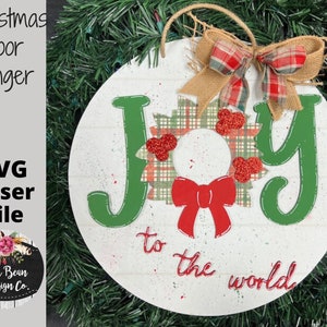 Alegría al mundo Navidad corona puerta redonda percha SVG archivo láser madera corte digital Glowforge