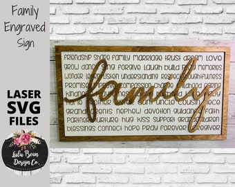 Home and Family Engraved Word Sign Digital Cut File Laser Wood SVG cutting template Glowforge