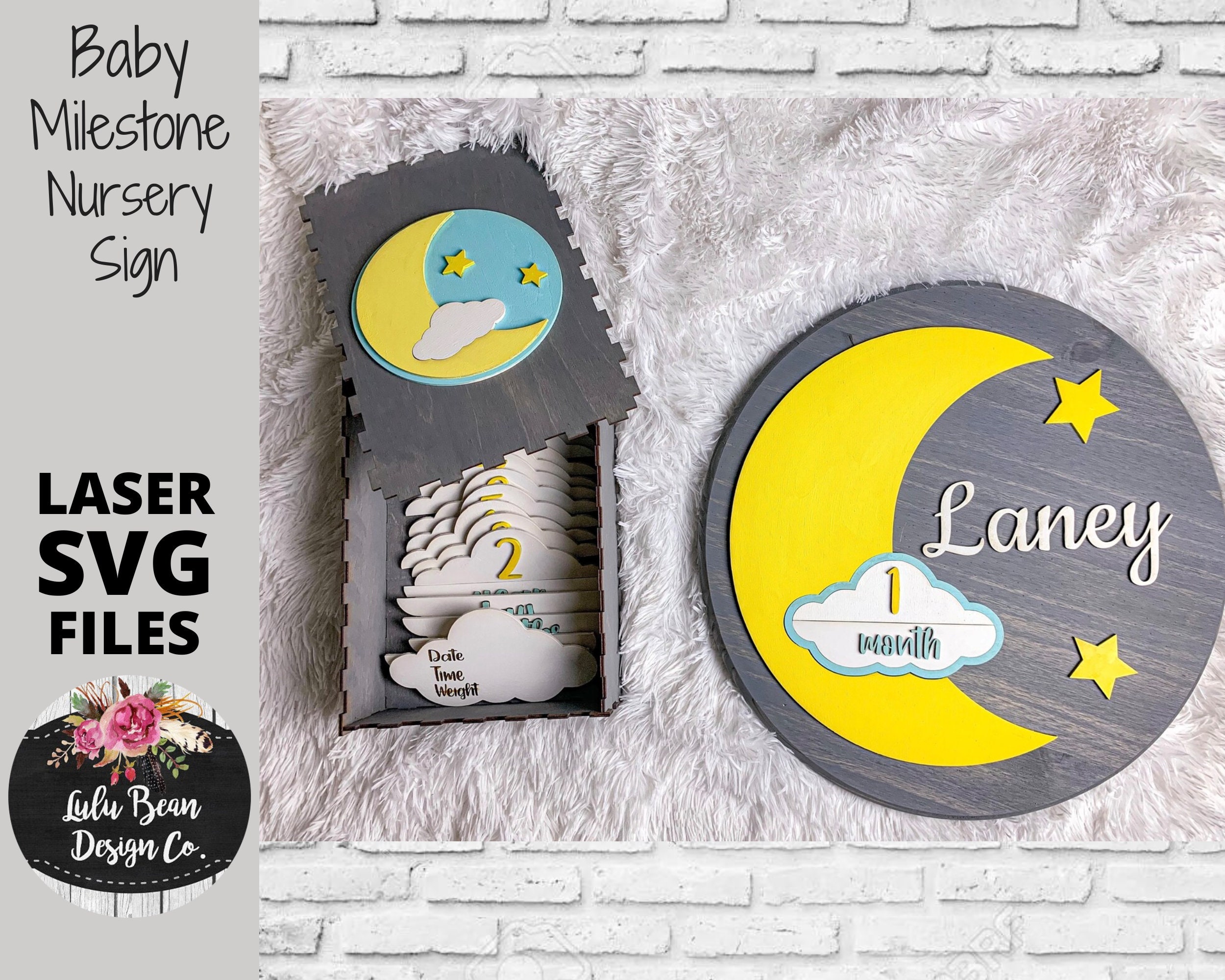 Interchangeable Baby Milestone Nursery Name Sign Attachments and Storage Box Cloud Moon Digital Cut File Laser Wood svg cutting