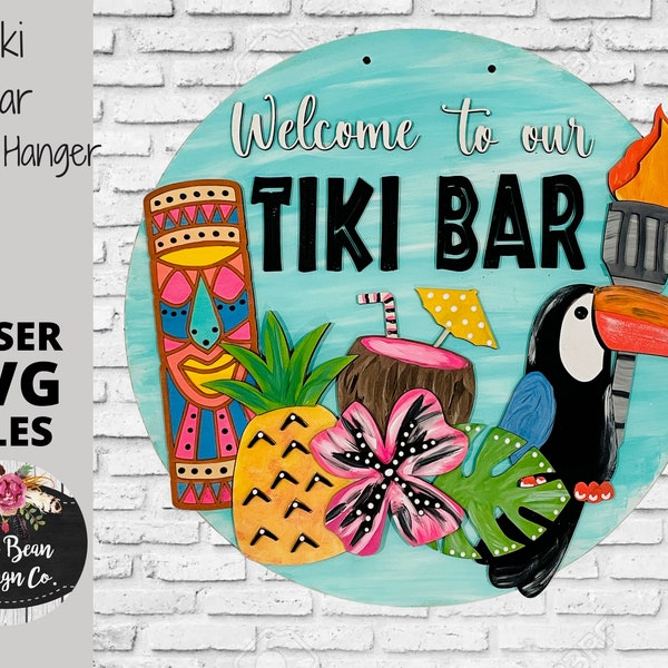 Tiki Bar Tropical Beach Summer SVG File Door Hanger Template Sign Digital Cut File Laser Wood cutting