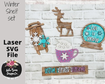 Warm Winter Wishes Snow Snowflake Snowglobe holiday Shelf Sitter Set SVG Wood Glowforge Digital Cut File Laser Wood Cutting Interchangeable
