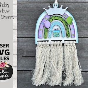 Verjaardag Rainbow Macrame Auto Charm SVG laser Glowforge File Digital