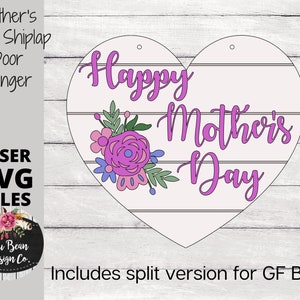 Feliz Dia das Mães Floral Shiplap Coração Cabide de porta SVG Sign Split Opção Glowforge Arquivo de corte digital Modelo de madeira a laser