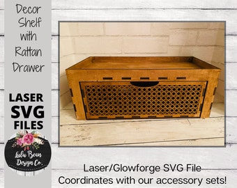 Decor Shelf with Rattan Drawer SVG Wood Glowforge Digital Cut File Laser Wood Cutting Interchangeable Shelf Sitter Sets