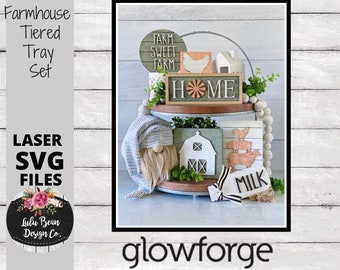 Farm Farmhouse Cow Chicken Rooster Pig Tier Tiered Tray Kit Wood Glowforge File Sign Round Digital Cut File Laser Cutting svg pdf jpg dxf