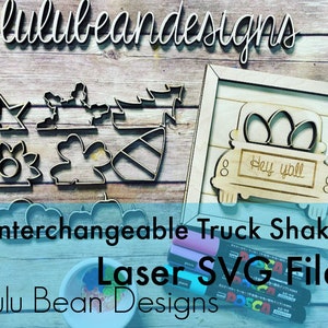 Peut inclure: Modèle de fichier SVG découpé au laser pour un shaker de camion interchangeable avec un camion en bois transportant des œufs et le texte "Hey yall". Le design comprend une variété de formes interchangeables, notamment des étoiles, des fleurs, des feuilles et des citrouilles.