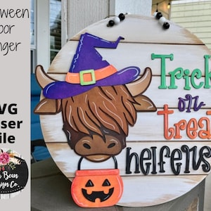 Trick or Treat Heifers Highland Cow Halloween Round Door Hanger SVG laser file Digital Cut File Wood Cutting template