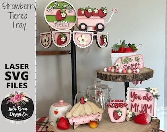 Strawberry Picking Tiered Tray SVG Laser Glowforge File Wood Mini Sign Digital Cut File  Wood Cutting