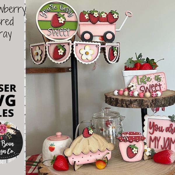 Strawberry Picking Tiered Tray SVG Laser Glowforge File Wood Mini Sign Digital Cut File  Wood Cutting