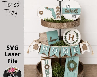 Home Sweet Home Family State Wood Tier Tiered Tray SVG File Glowforge Sign Round Digital Cut File Laser Cutting