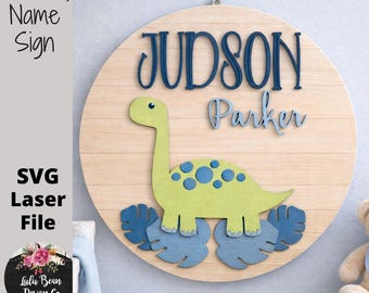 Dinosaur Leaves Baby Nursery Name Sign Digital Cut File Laser Wood svg pdf jpg dxf cutting template door hanger