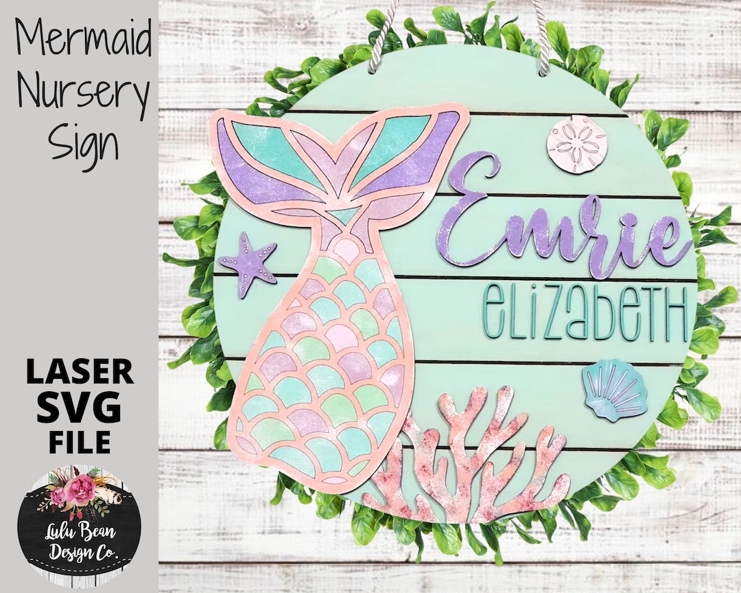 Mermaid Tail Sea Round Nursery Name Girl Sign Digital Cut File Laser ...