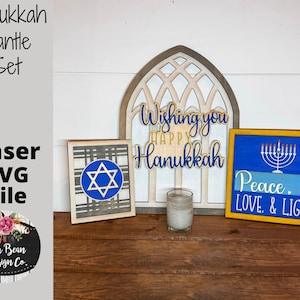 Ensemble de 3 manteaux de manteau interchangeables Happy Hanoukka modèle fichier SVG Glowforge bois découpé au laser