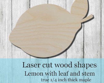 Wood Lemon with Leaf and Stem Cutout Shape, Unfinished Wood Laser Cut Shape, DIY Craft Supply, Many Size Options, Blank Wood Shapes