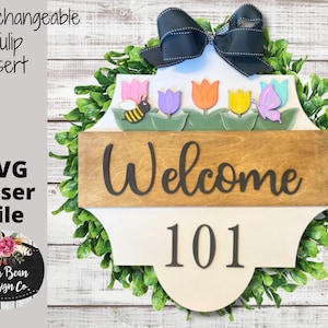 Spring tulip bee butterfly Interchangeable Seasonal Door Hanger Insert Welcome Address Numbers Laser Glowforge Cut File SVG Wood Template