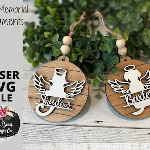 Adorno navideño conmemorativo de ángel para perro y gato con alas y nombre personalizado Archivo láser SVG Madera Corte digital Glowforge