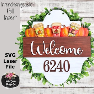 Fall Pumpkin Coffee Interchangeable Seasonal Door Hanger Insert Welcome Address Numbers Laser Glowforge Cut File SVG Wood Template