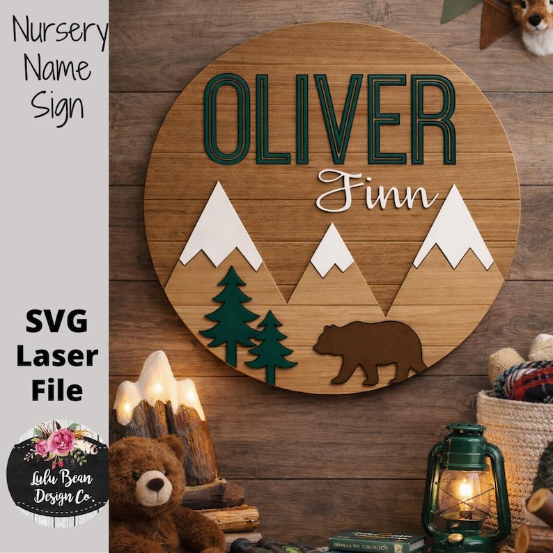Berg Bäume Bär Baby Kinderzimmer Namensschild Digital Cut File Laser Holz svg pdf jpg dxf Schneidevorlage Türschild Bild 1