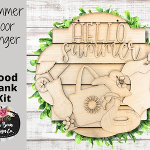 May include: Wooden door hanger kit with the words "Hello Summer" in a woodgrain design. The kit includes a variety of summer-themed shapes, including a sun, a beach bag, a hat, a cocktail, and a flamingo float.