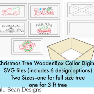 Puede incluir: Seis archivos SVG digitales para un collar de árbol de Navidad, que incluyen diseños con un camión, una estrella, una escena de la natividad, un letrero de árbol de Navidad de granja fresca, un letrero del Polo Norte y un patrón de cuadros. Los diseños están disponibles en dos tamaños, uno para un árbol de tamaño completo y otro para un árbol de 90 cm.