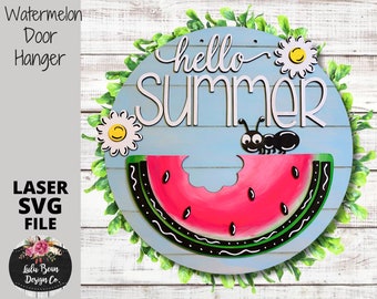 Watermelon Ant Hello Summer Daisy Summertime SVG File Door Hanger Template Sign Digital Cut File Laser Wood cutting