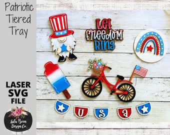 Let Freedom Ring Patriotic USA Gnome Tiered Tray SVG Laser Glowforge File Wood Mini Sign Digital Cut File  Wood Cutting