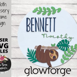 Sloth Nursery Name Sign Round Digital Cut File Laser Wood Cutting svg pdf jpg dxf door hanger template