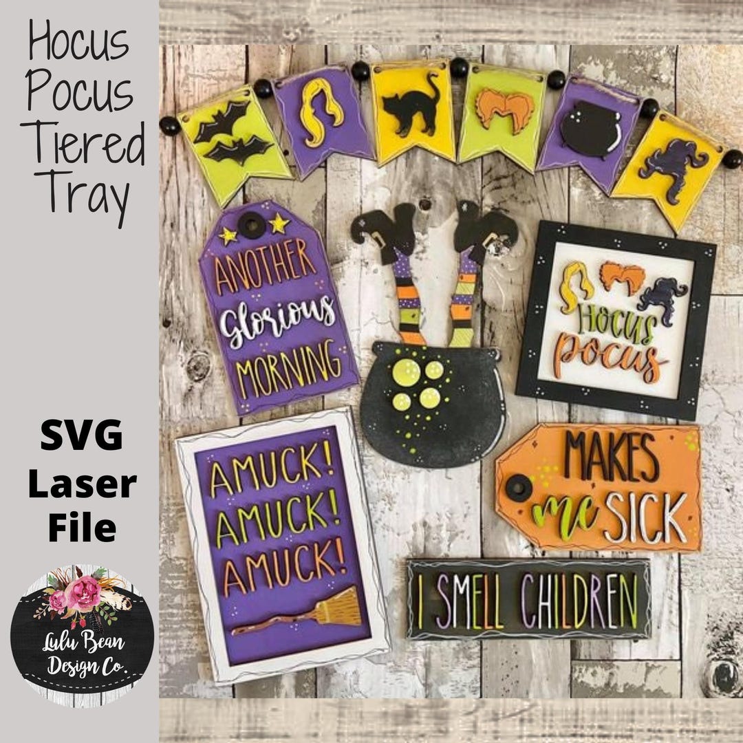 Hocus Pocus Witch Halloween Tiered Tray Kit Wood Tag Sign Round Digital ...