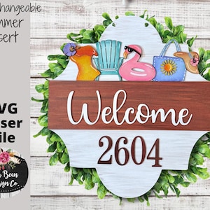 Summer Beach Pool Interchangeable Seasonal Door Hanger Insert Welcome Address Numbers Laser Glowforge Cut File SVG Wood Template