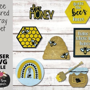 Bee Honeybee Honey Honeycomb Tiered Tray Mini Sign SVG File Kit Laser Glowforge Wood Digital