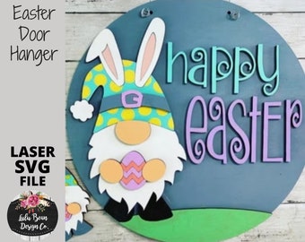 Happy Easter Gnome Door Hanger SVG File Glowforge Laser Spring Sign Digital Cut Wood Round cutting template