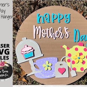 Mother&#39;s Day Tea Party SVG Round Door Hanger Digital Cut File Glowforge Laser Wood template