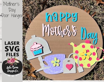 Mother's Day Tea Party SVG Round Door Hanger Digital Cut File Glowforge Laser Wood template