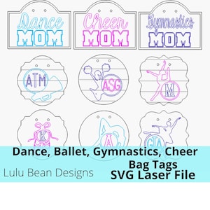 Dance Ballet Gymnastics Cheerleading Bogg Bag Tags Monogram Monogrammed Kit Wood Glowforge SVG File Digital Laser Cutting