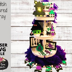 Witch Halloween Haunted House Tier Tiered Tray Kit Wood Glowforge File Sign Digital Cut File Laser Cutting svg pdf jpg dxf