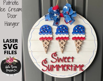 Ice Cream Cone Sweet Summer Summertime Patriotic SVG File Door Hanger Template Sign Digital Cut File Laser Wood cutting