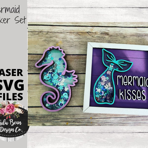 Mermaid Sea Horse Shaker Set Cadre Shiplap Kit Bois Glowforge Fichier Signe Digital Cut File Découpe Laser Cutting svg