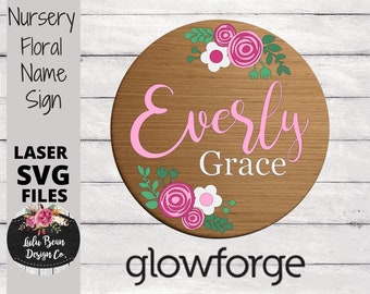 Floral Nursery Name Sign Round Flowers SVG File Digital Laser Wood Cutting door hanger template